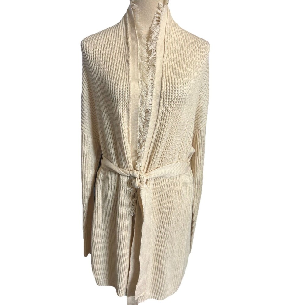 Antonio Melani Maisee XL Cream Belted Fringe Shawl Knit Wool Blend Long Cardigan